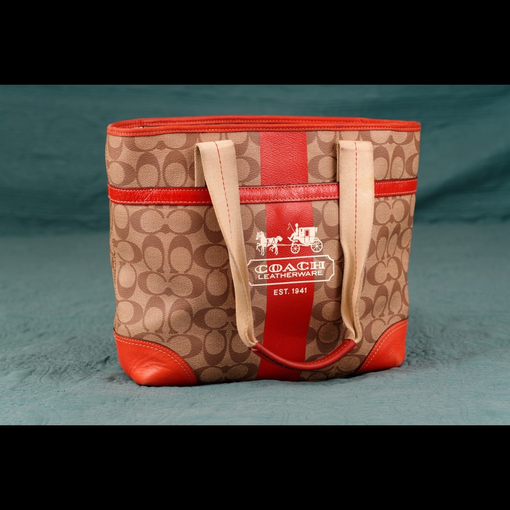 Coach tote in tan with orange leather accents